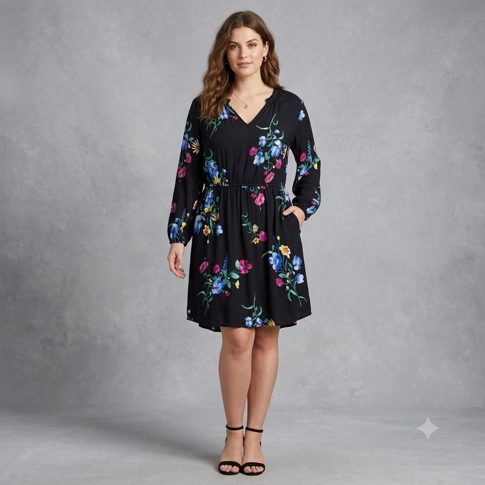 Old Navy Womens Size Large Petite Dress Black Floral Ruffle V-Neck Long Sleeve